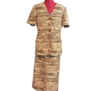 Le Suit Skirt Suit Women's Size 12 Cream & Brown 2-Piece Set Blazer & Skirt